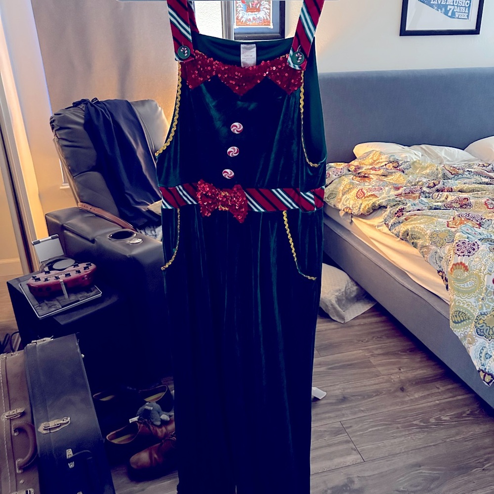 Size L velvet Christmas Elf jumpsuit.